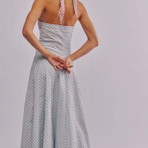 Free People Stelladonna Midi Maxi Dress Halter Polka Dot Powder Blue Red Combo - Picture 2 of 7